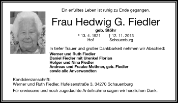 Traueranzeige von Hedwig Fiedler von Frankenpost