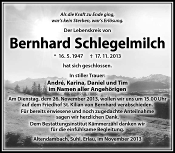 Traueranzeige von Bernhard Schlegelmilch von Südthüringer Presse