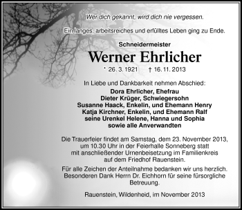 Traueranzeige von Werner Ehrlicher von Südthüringer Presse