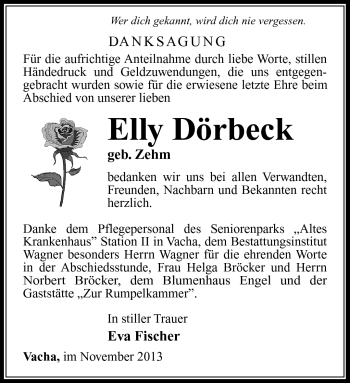 Traueranzeige von Elly Dörbeck von Südthüringer Presse