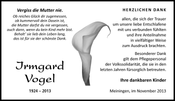 Traueranzeige von Irmgard Vogel von Südthüringer Presse