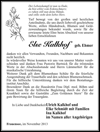 Traueranzeige von Else Kalkhof von Südthüringer Presse
