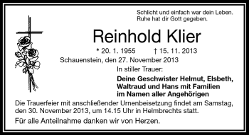 Traueranzeige von Reinhold Klier von Frankenpost