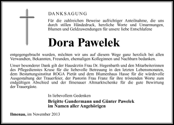 Traueranzeige von Dora Pawelek von Südthüringer Presse