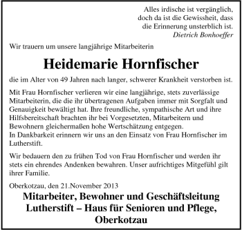 Traueranzeige von Heidemarie Hornfischer von Frankenpost
