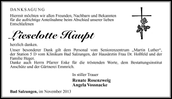 Traueranzeige von Lieselotte Haupt von Südthüringer Presse