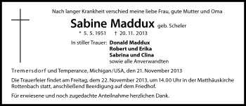 Traueranzeige von Sabine Maddux von Neue Presse Coburg