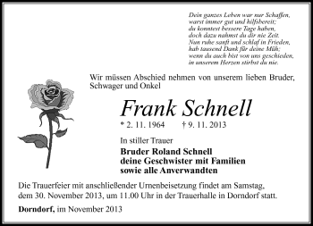 Traueranzeige von Frank Schnell von Südthüringer Presse