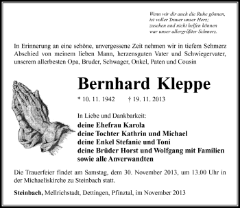 Traueranzeige von Bernhard Kleppe von Südthüringer Presse