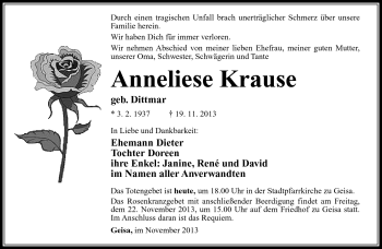 Traueranzeige von Anneliese Krause von Südthüringer Presse