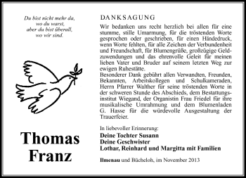 Traueranzeige von Thomas Franz von Südthüringer Presse