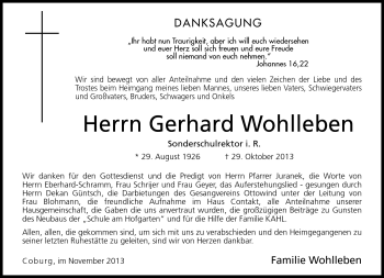 Traueranzeige von Gerhard Wohlleben von Neue Presse Coburg