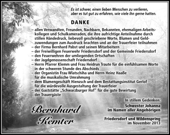 Traueranzeige von Bernhard Kemter von Südthüringer Presse