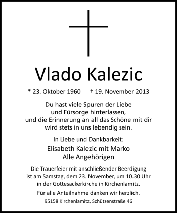 Traueranzeige von Vlado Kalezic von Frankenpost