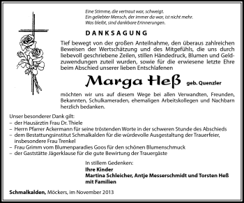 Traueranzeige von Marga Heß von Südthüringer Presse