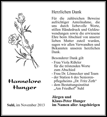 Traueranzeige von Hannelore Hunger von Südthüringer Presse