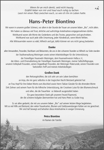 Traueranzeige von Hans-Peter Biontino von Südthüringer Presse