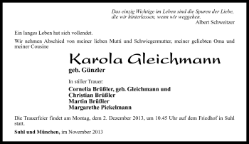 Traueranzeige von Karola Gleichmann von Südthüringer Presse