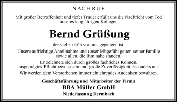 Traueranzeige von Bernd Grüßung von Südthüringer Presse