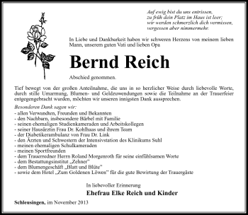 Traueranzeige von Bernd Reich von Südthüringer Presse