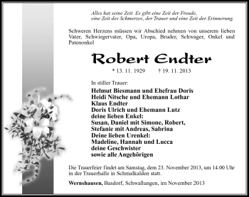Traueranzeige von Robert Endter von Südthüringer Presse