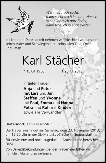 Traueranzeige von Karl Stächer von Neue Presse Coburg