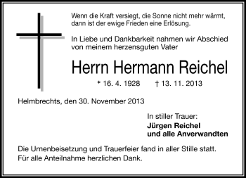 Traueranzeige von Hermann Reichel von Frankenpost