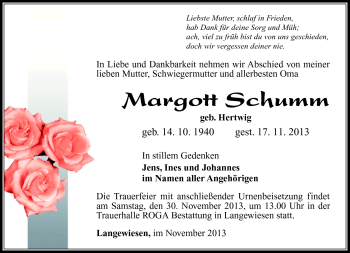 Traueranzeige von Margott Schumm von Südthüringer Presse