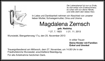 Traueranzeige von Magdalena Zemsch von Frankenpost