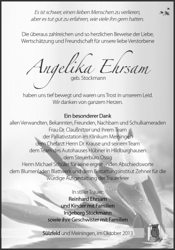 Traueranzeige von Angelika Ehrsam von Südthüringer Presse