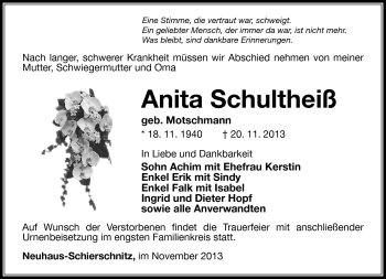 Traueranzeige von Anita Schultheiß von Südthüringer Presse
