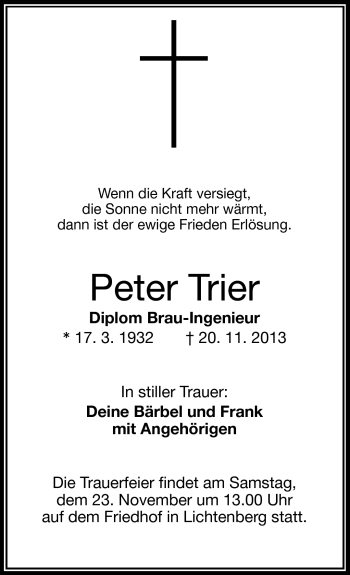 Traueranzeige von Peter Trier von Frankenpost