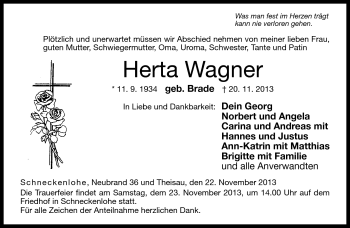 Traueranzeige von Herta Wagner von Neue Presse Coburg