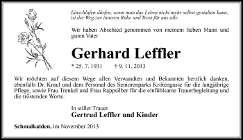 Traueranzeige von Gerhard Leffler von Südthüringer Presse