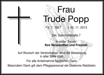 Traueranzeige von Trude Popp von Frankenpost