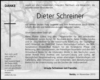 Traueranzeige von Dieter Schreiner von Neue Presse Coburg