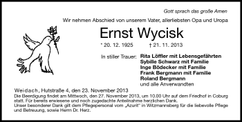 Traueranzeige von Ernst Wycisk von Neue Presse Coburg