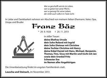 Traueranzeige von Franz Bäz von Südthüringer Presse