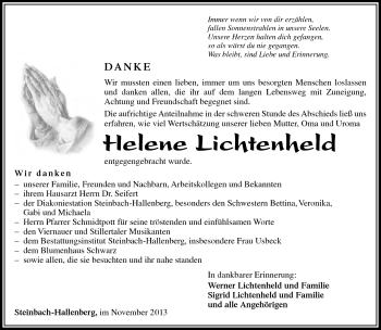 Traueranzeige von Helene Lichtenheld von Südthüringer Presse