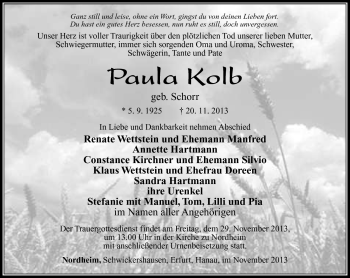 Traueranzeige von Paula Kolb von Südthüringer Presse