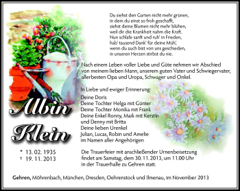 Traueranzeige von Albin Klein von Südthüringer Presse