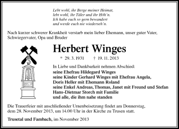 Traueranzeige von Herbert Winges von Südthüringer Presse