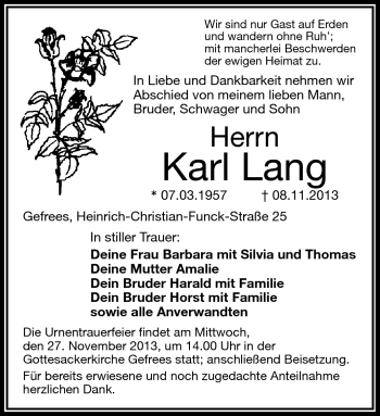 Traueranzeige von Karl Lang von Frankenpost