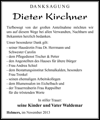 Traueranzeige von Dieter Kirchner von Südthüringer Presse