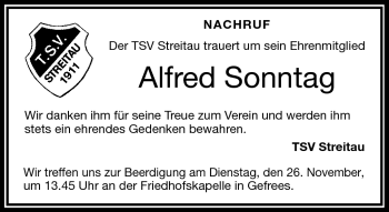Traueranzeige von Alfred Sonntag von Frankenpost