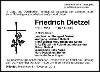 Traueranzeige von Friedrich Dietzel von Südthüringer Presse