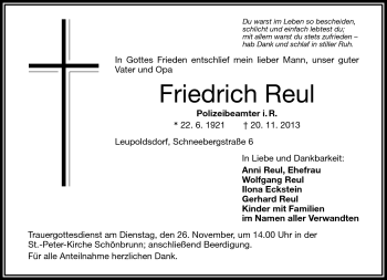 Traueranzeige von Friedrich Reul von Frankenpost