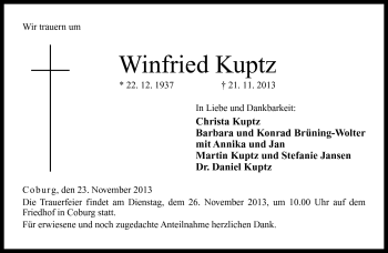 Traueranzeige von Winfried Kuptz von Neue Presse Coburg