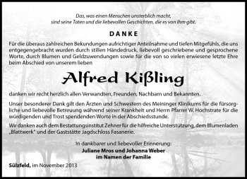 Traueranzeige von Alfred Kißling von Südthüringer Presse