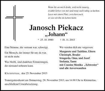 Traueranzeige von Janosch Piekacz von Neue Presse Coburg